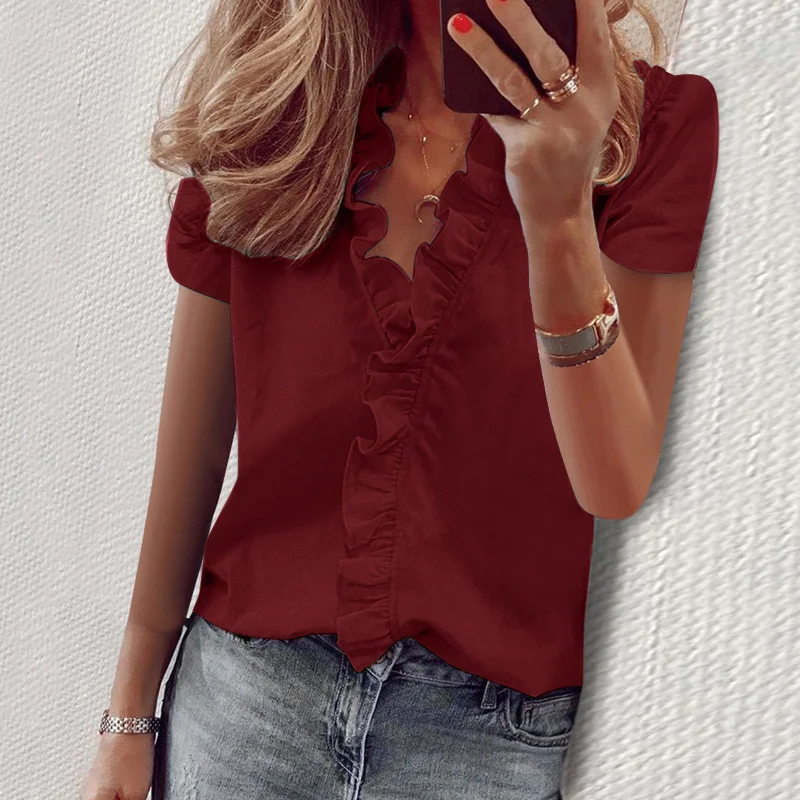 Solid Color V-Neck Short Sleeve Ruffle Shirt Top T-Shirt Women Chenille Blend Fleece Blend Nylon Blend