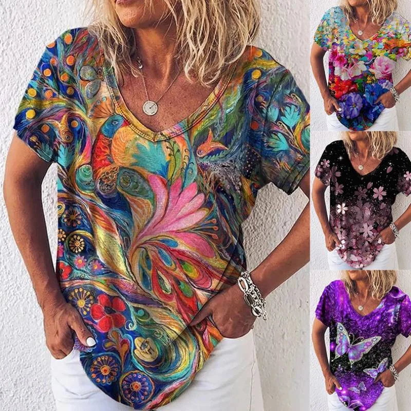 Summer Popular Floral Print Short-sleeved V-neck T-shirt For Women Fleece Fabric Down Fabric Feather Fabric