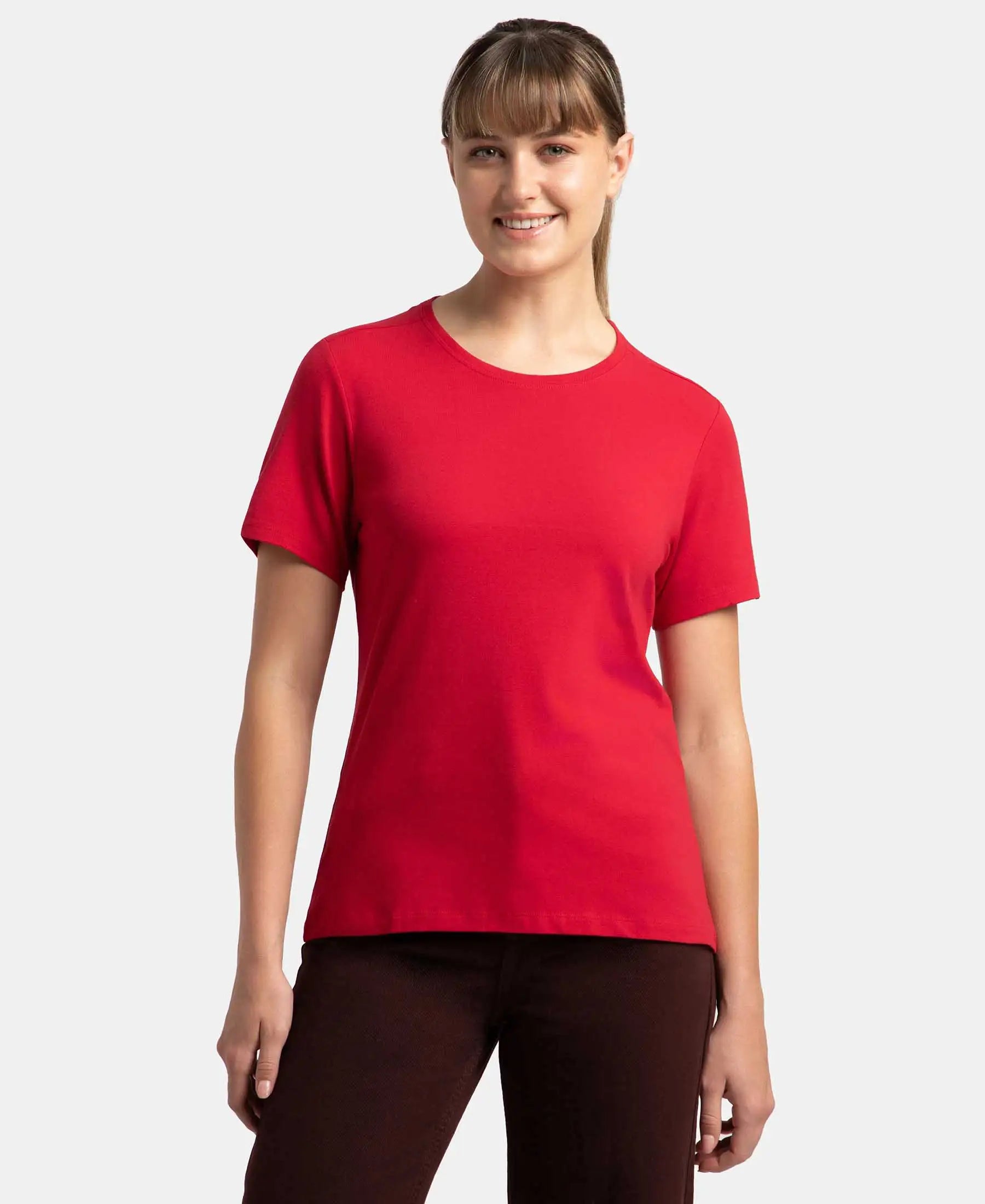 Super Combed Cotton Elastane Stretch Regular Fit Solid Round Neck Half Sleeve T-Shirt - Jester Red Terry Blend Velvet Blend Canvas Blend