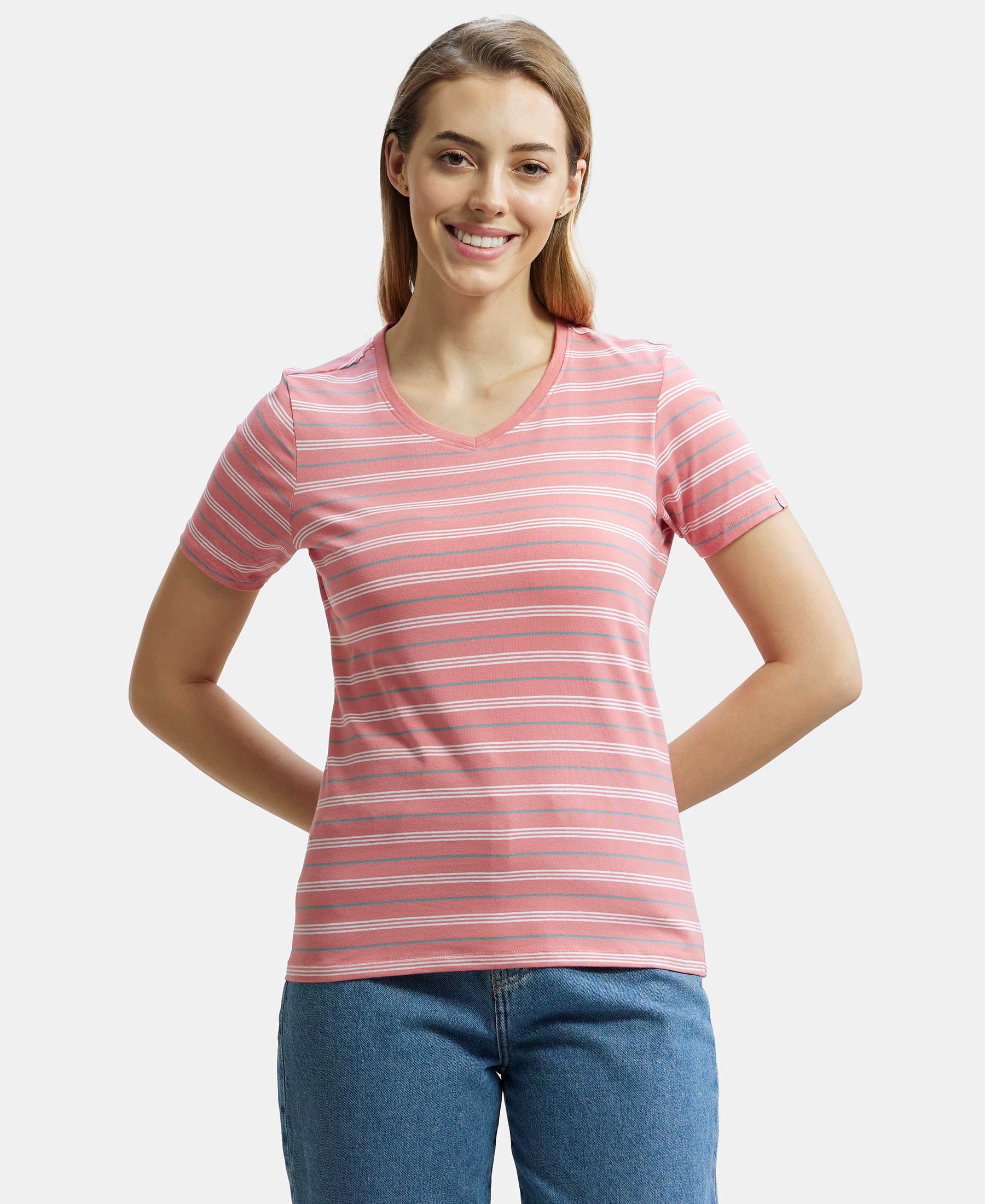 Super Combed Cotton Elastane Stretch Regular Fit Yarn Dyed Striped V Neck Half Sleeve T-Shirt - Peach Blossom Spandex Blend Rayon Blend Denim Blend