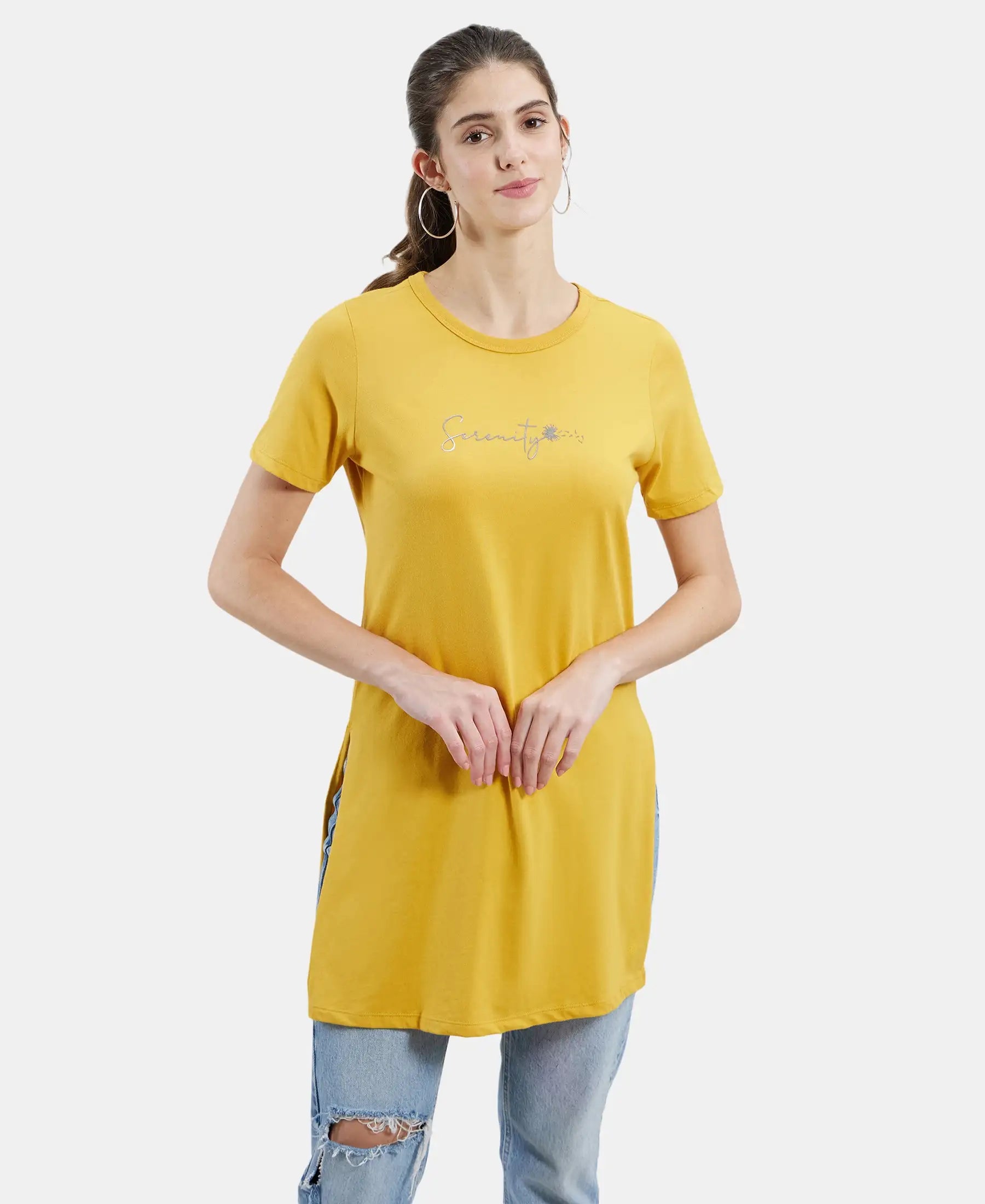 Super Combed Cotton Printed Fabric Relaxed Fit Long length T-Shirt With Side Slit - Golden Spice Print Jacquard Patchwork