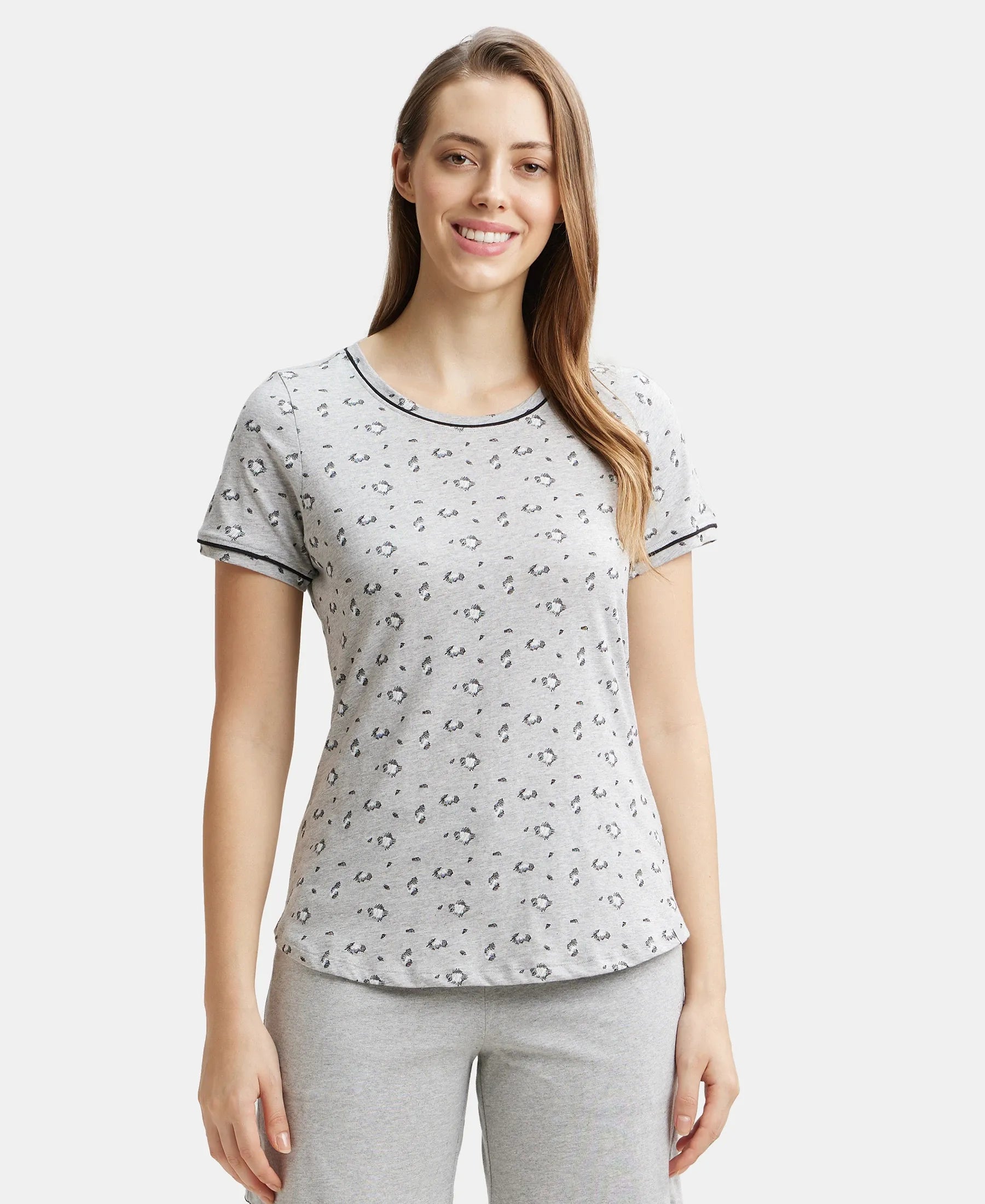 Super Combed Cotton Relaxed Fit Printed Round Neck Half Sleeve T-Shirt with Contrast Piping Design - Light Grey Melange Houndstooth Herringbone Solid