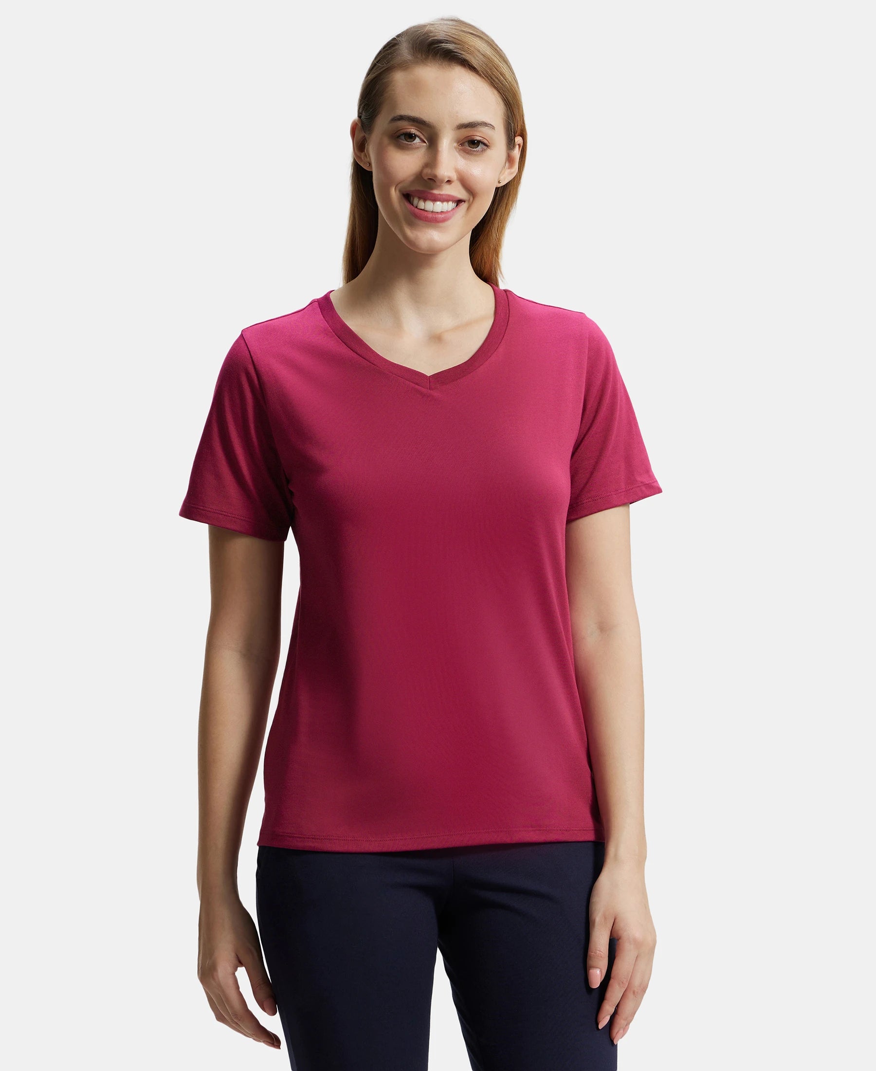 Super Combed Cotton Rich Fabric Relaxed Fit V-Neck Half Sleeve T-Shirt - Red Plum Ribbed T-Shirt High Neck Heavyweight