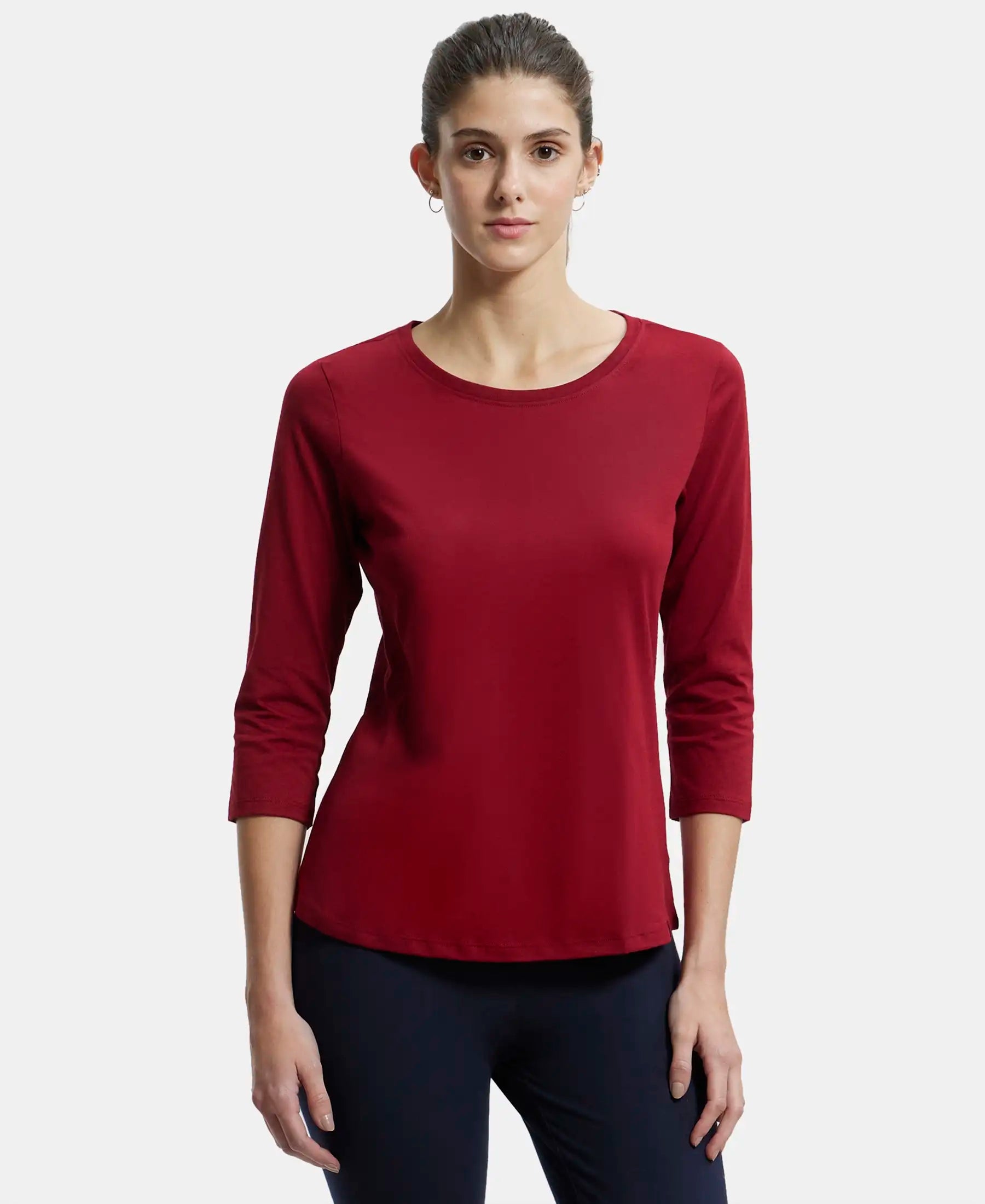 Super Combed Cotton Rich Relaxed Fit Solid Round Neck Three Quarter Sleeve T-Shirt  - Rhubarb Elasticated Padded Insulated