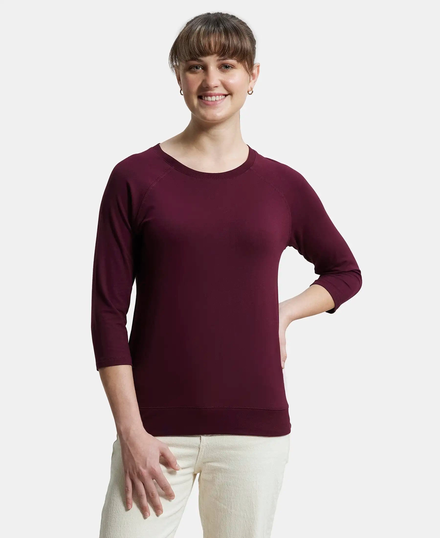 Super Combed Cotton Viscose Elastane Stretch Regular Fit Solid Round Neck Three Quarter Sleeve T-Shirt - Wine Tasting Polka Dot Checkered Tartan