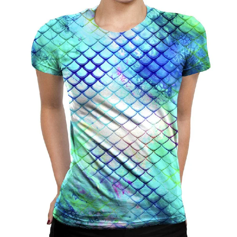 Teal Dragon Scales Womens T-Shirt Sequined Glittery Shiny