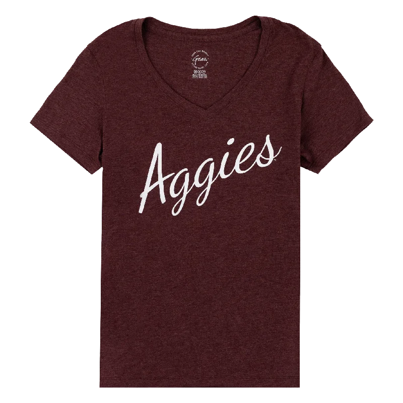 Texas A&M Script Aggies V Neck Tee Anti-Shrink Durable Soft