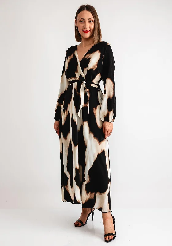 Serafina Collection Printed Maxi Dress, Black and Cream Elegant Wraparound Maxi Dress