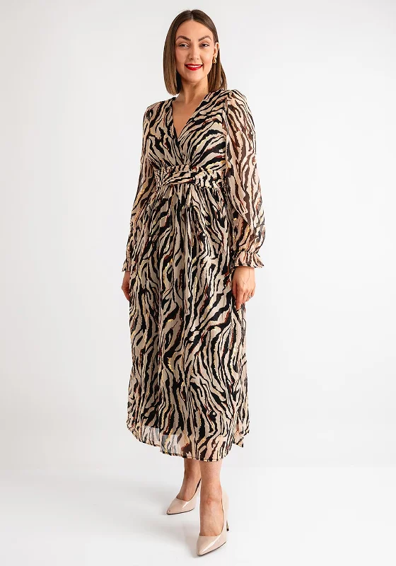 Serafina Collection Zebra Print Maxi Dress, Beige Fashionable Button-Down Maxi Dress