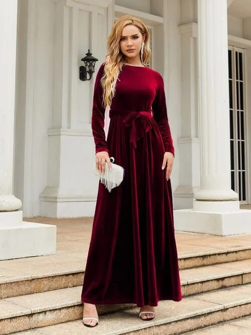 Tie Front Round Neck Long Sleeve Maxi Dress Classic Black Maxi Dress