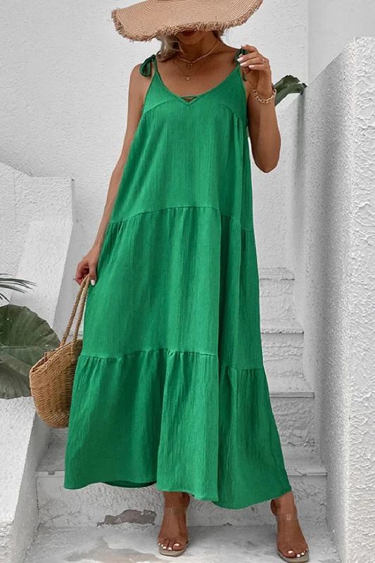 Tie-Shoulder Tiered Maxi Dress Classic Solid Maxi Dress