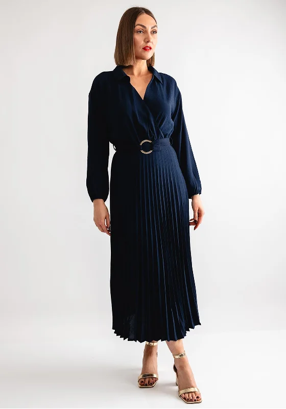 Tiffosi Kyoto Pleated Wrap Maxi Dress, Navy Elegant Silk Maxi Dress