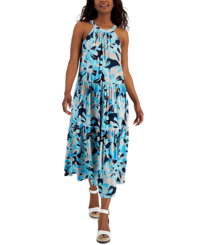 Tommy Hilfiger Womens Floral Print Halter Maxi Dress Comfortable Plunging Neckline Maxi Dress