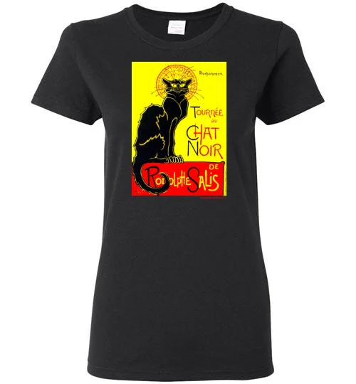 Tournee du Chat Noir Women's T-Shirt with Art Nouveau Black Cat Jersey Fabric Tulle Fabric Batik Fabric