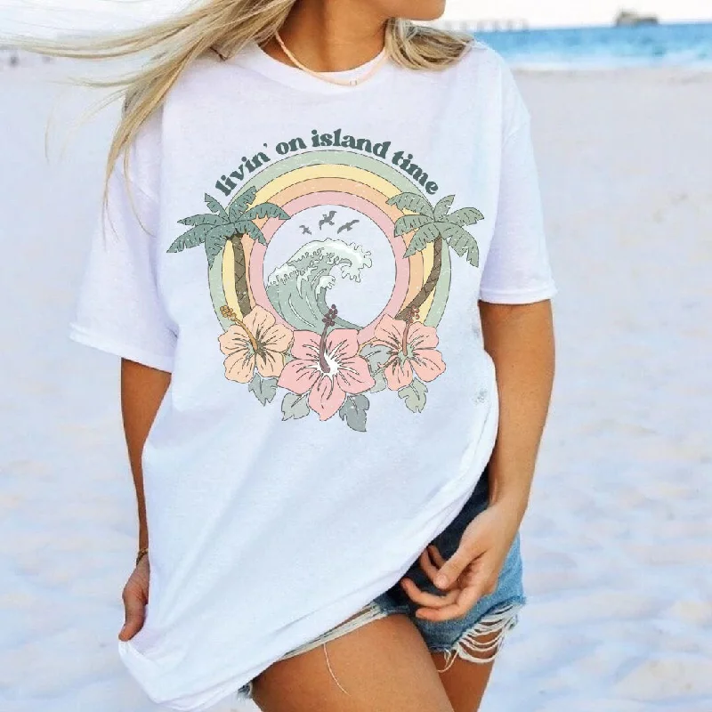 Tropical Beach Tee - Livin on Island Time - Vintage Hawaiian Graphic Tee - Beach Vacation Tee - White Bella Canvas Women's Unisex Tee Polka Dot Checkered Tartan