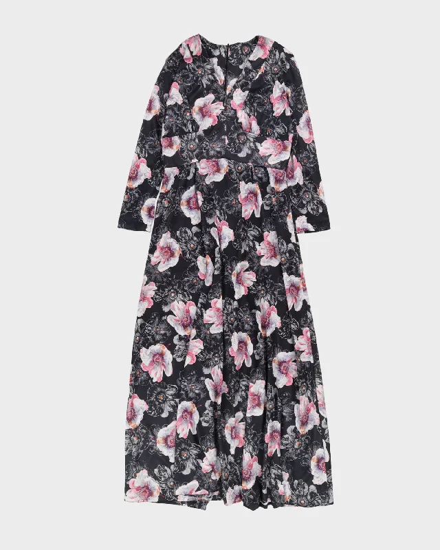 Vintage 1970s Black Floral Maxi Dress - L Trendy Maxi Dress with Bow