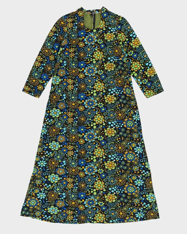 Vintage 1970s Blue Patterned Maxi Dress - S Comfortable Fitted Maxi Dress