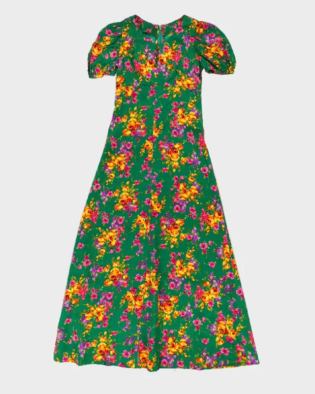 Vintage 1970s Green Floral Maxi Dress - XXS Elegant Lace Maxi Dress