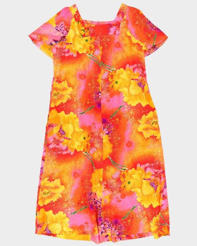 Vintage 1970s Orange Patterned Maxi Dress - L Comfortable Ruffle Hem Maxi Dress