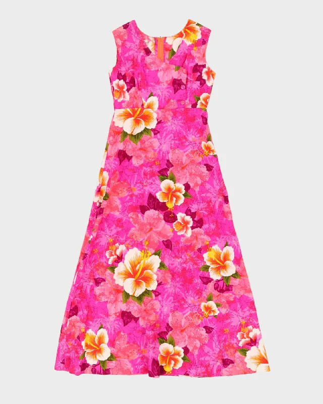 Vintage 1970s Pink Hawaiian Maxi Dress - S Trendy Off-Shoulder Ruffle Maxi Dress