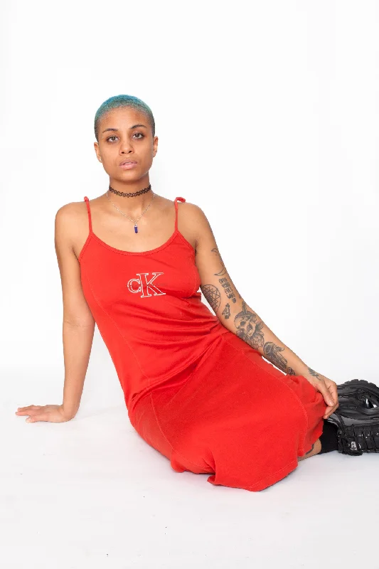 Vintage 90s Calvin Klein Red Maxi Dress Comfortable Ruffle Maxi Dress