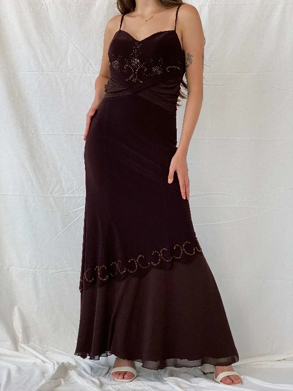 Vintage Y2K Günbeyi Brown Beaded Wedding Guest Maxi Dress - M Comfortable Fit-and-Flare Maxi Dress