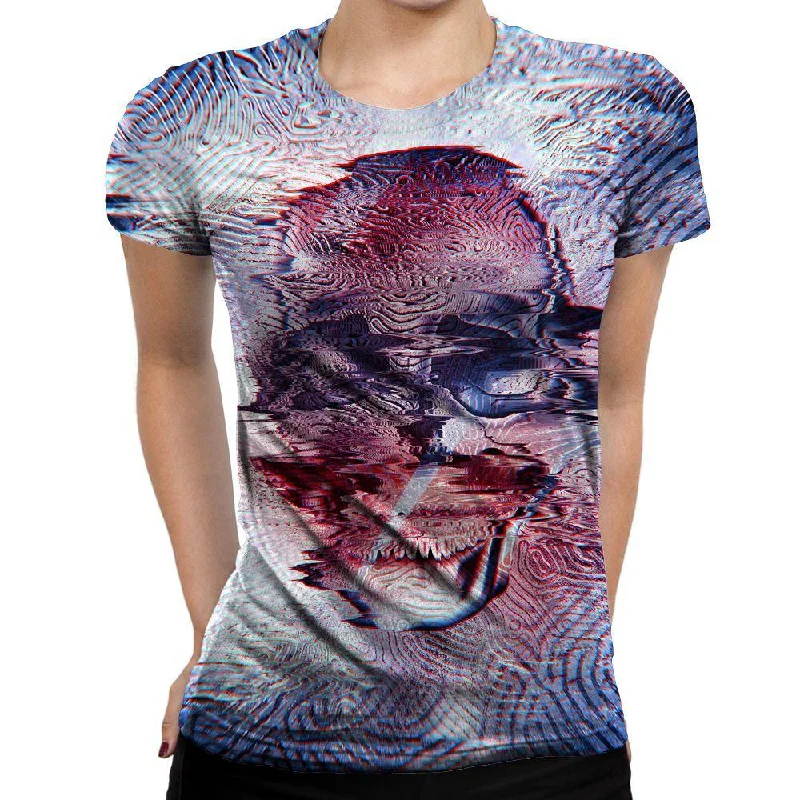 White Glitch Skull Womens T-Shirt Boxy Fit Fitted Loose