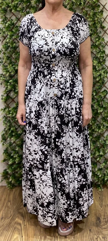 Black And White Wild Flower Print Bardot Maxi Dress Comfortable Ruffle Hem Maxi Dress