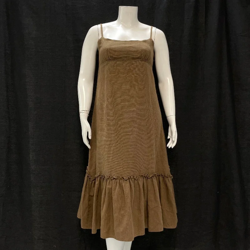 Wmns PATAGONIA Brown Spaghetti Strap Boho Ruffle Milkmaid Long Maxi Dress Sz 12 Elegant Boho Maxi Dress