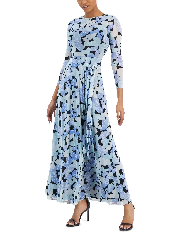 Women's Butterfly-Print Belted 3/4-Sleeve Maxi Dress Cozy Maxi Dress with Slit