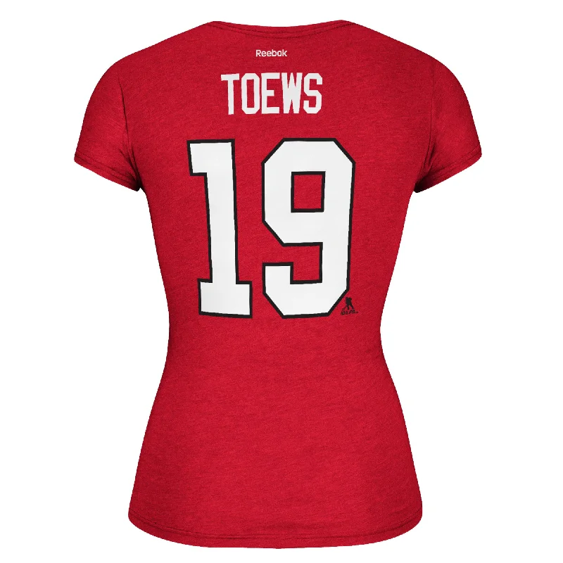 Women's Chicago Blackhawks Jonathan Toews #19 Cap Sleeve T-Shirt NHL Reebok Tee Mesh Blend Leather Blend Suede Blend