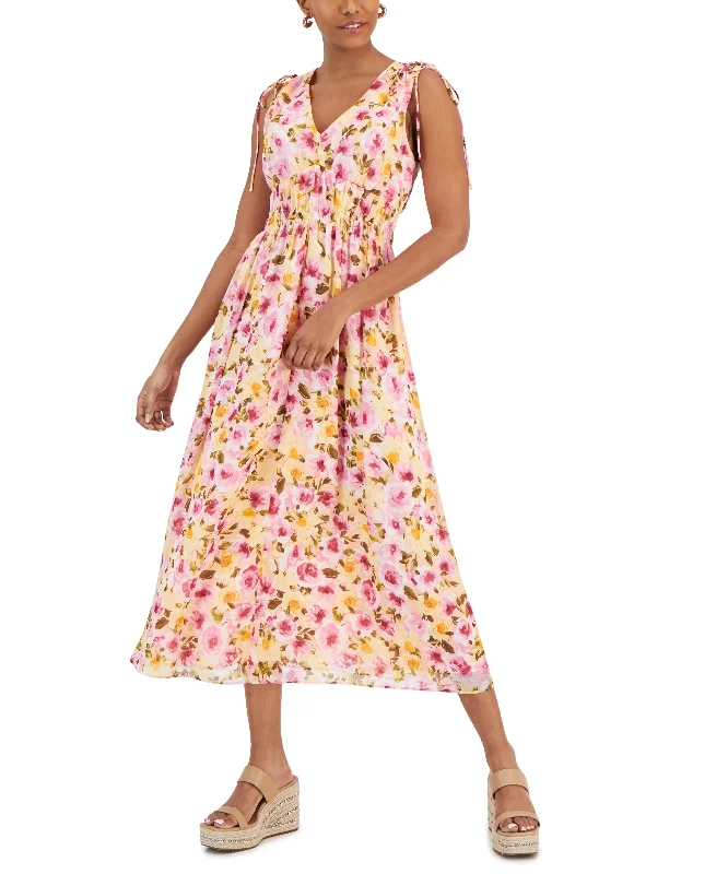 Women's Floral-Print Smocked-Waist Maxi Dress Trendy Maxi Dress with Belt