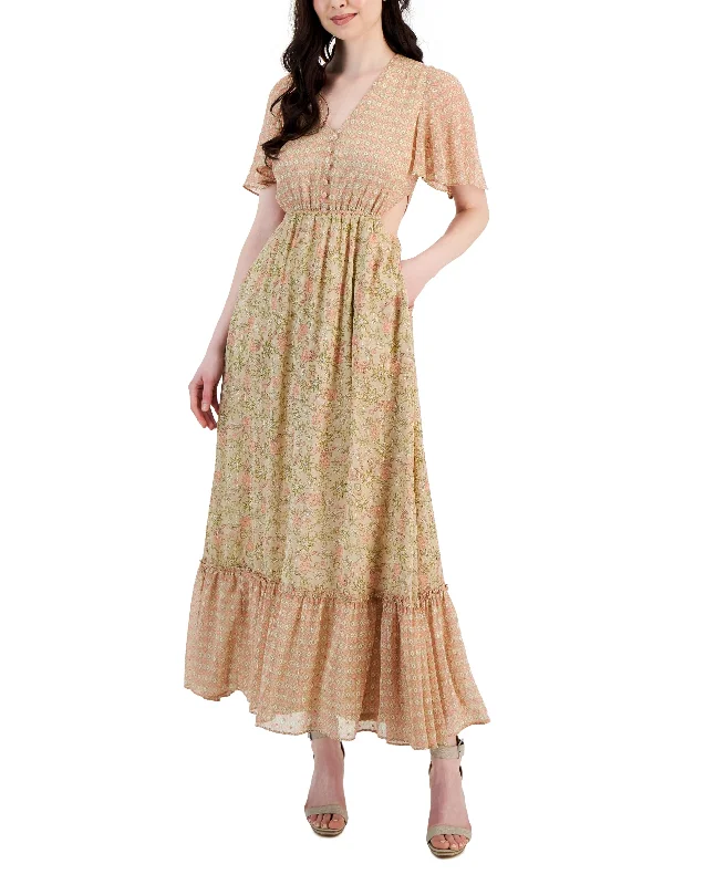 Women's Paris Printed Side-Cut-Out Maxi Dress Cozy Spaghetti Strap Maxi Dress