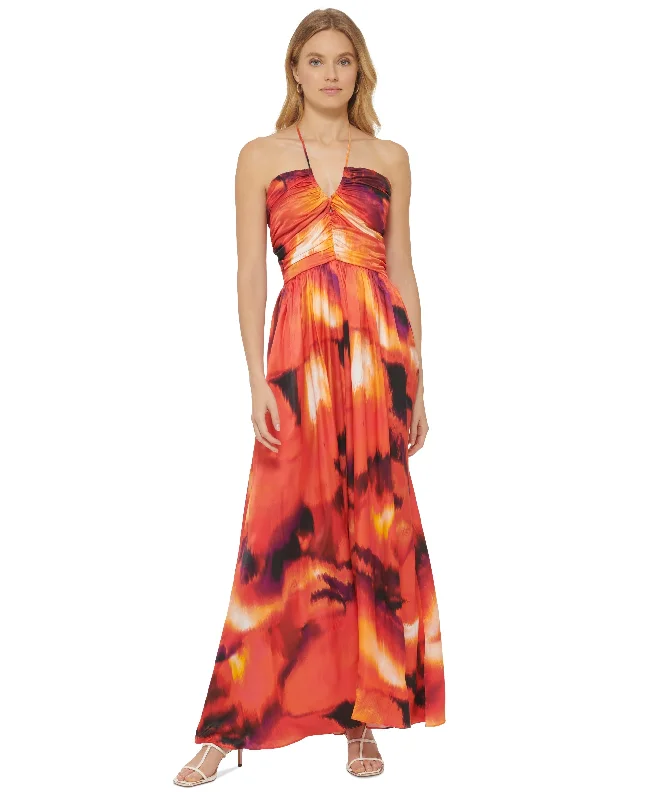 Women's Printed Sleeveless Halter Maxi Dress Cozy Spaghetti Strap Maxi Dress