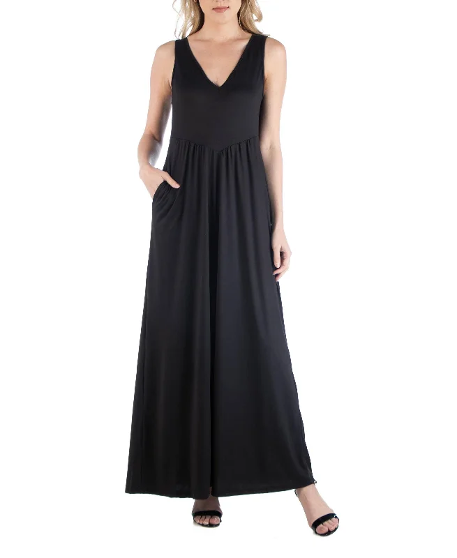 Women's Sleeveless V-Neck Maxi Dress with Pocket Detail Comfortable Plunging Neckline Maxi Dress