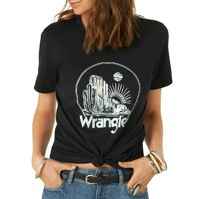 Wrangler Women's Holographic Desert T-Shirt Notch Collar Peter Pan Collar Cowl Neck