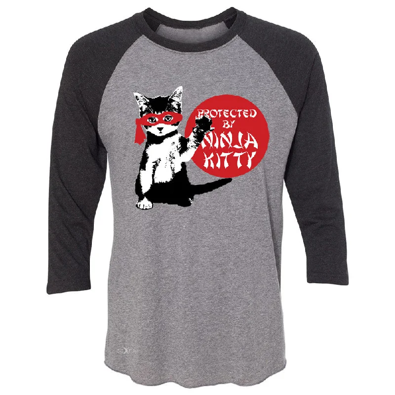 Zexpa Apparelâ„¢ Protected By Ninja Kitty Graphic 3/4 Sleevee Raglan Tee Animal Love Tee Knit Fabric Woven Fabric Fleece Fabric