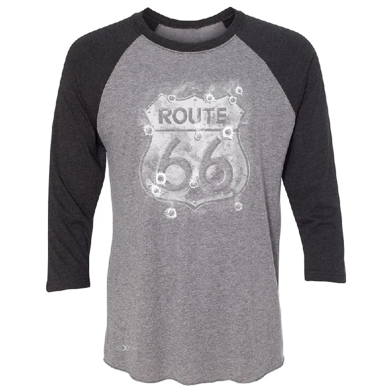 Zexpa Apparelâ„¢ Route 66 Bullet Holes Unisex - 3/4 Sleevee Raglan Tee Highway Sign Tee Chenille Fabric Brocade Fabric Lace Fabric