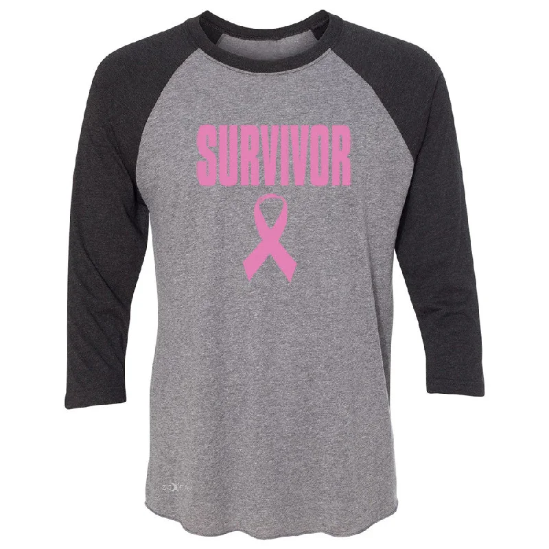 Zexpa Apparelâ„¢ Survivor Pink Ribbon 3/4 Sleevee Raglan Tee Breast Cancer Awareness Real Tee Welt Pockets Slit Pockets Flap Pockets