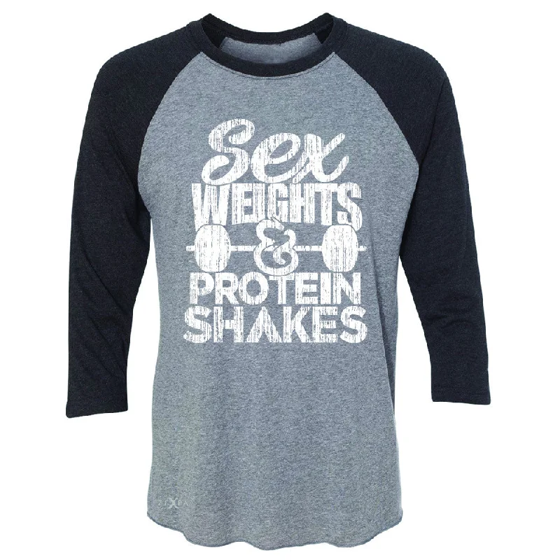 Zexpa Apparel™ Sex Weight Protein Shakes 3/4 Sleevee Raglan Tee Funny Cool Gym Workout Tee Terry Blend Velvet Blend Canvas Blend