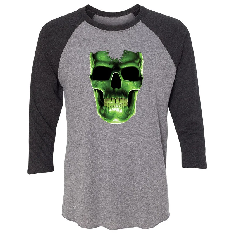 Zexpa Apparelâ„¢ Skull Glow In The Dark  3/4 Sleevee Raglan Tee Halloween Event Costume Tee Collared T-Shirt Boat Neck A-Line