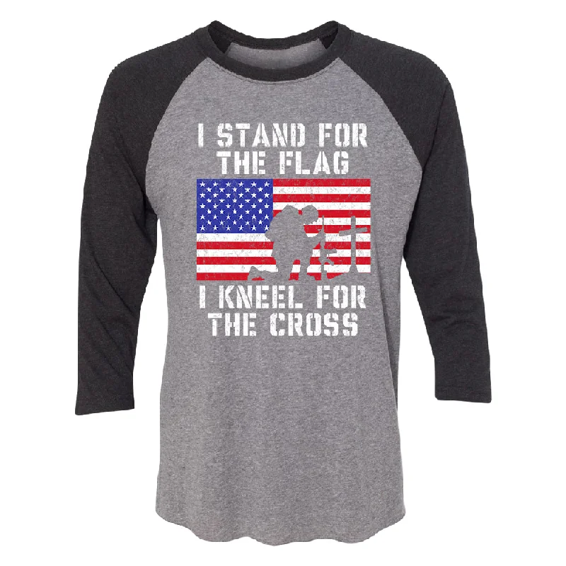 Zexpa Apparelâ„¢ Stand for USA Flag Kneel for Cross 3/4 Raglan Tee Plaid T-Shirt Polka Dot Checkered