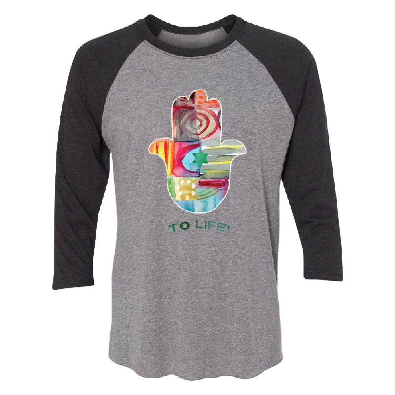 Zexpa Apparelâ„¢ To Life Hamsa Hand Colorful 3/4 Raglan Tee Hooded Caped Shawl Collar