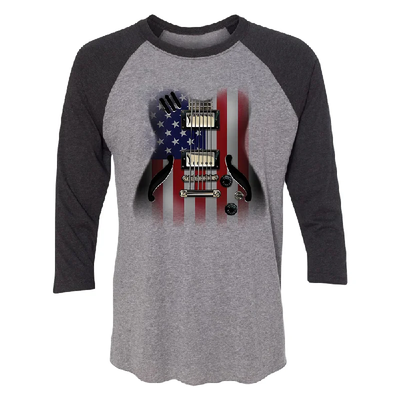 Zexpa Apparelâ„¢ Patriotic American Flag Guitar 3/4 Raglan Tee Cotton Fabric Linen Fabric Terry Fabric