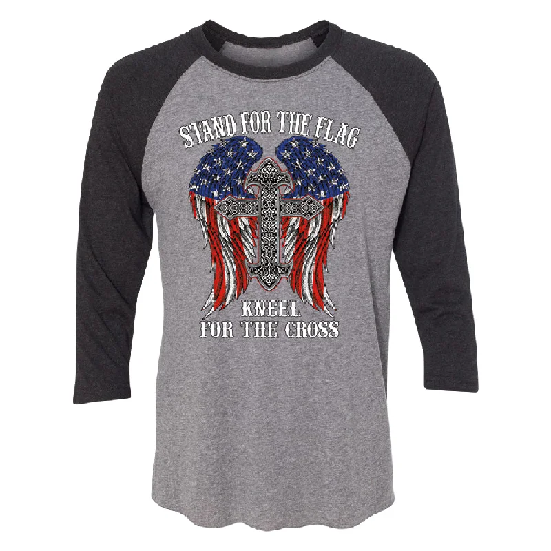 Zexpa Apparel™ Stand For The Flag Kneel For The Cross 3/4 Raglan Tee Machine Wash Dry Clean Hand Wash