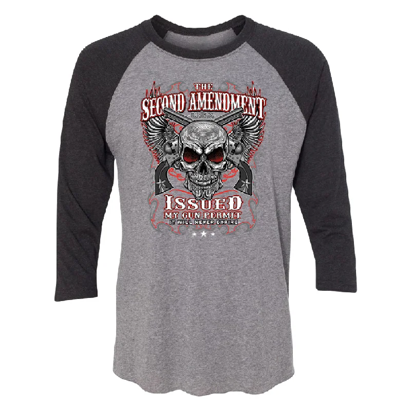 Zexpa Apparel™ Second Amendment Never Expire Skull 3/4 Raglan Tee Fitted T-Shirt Seamless Stretchy