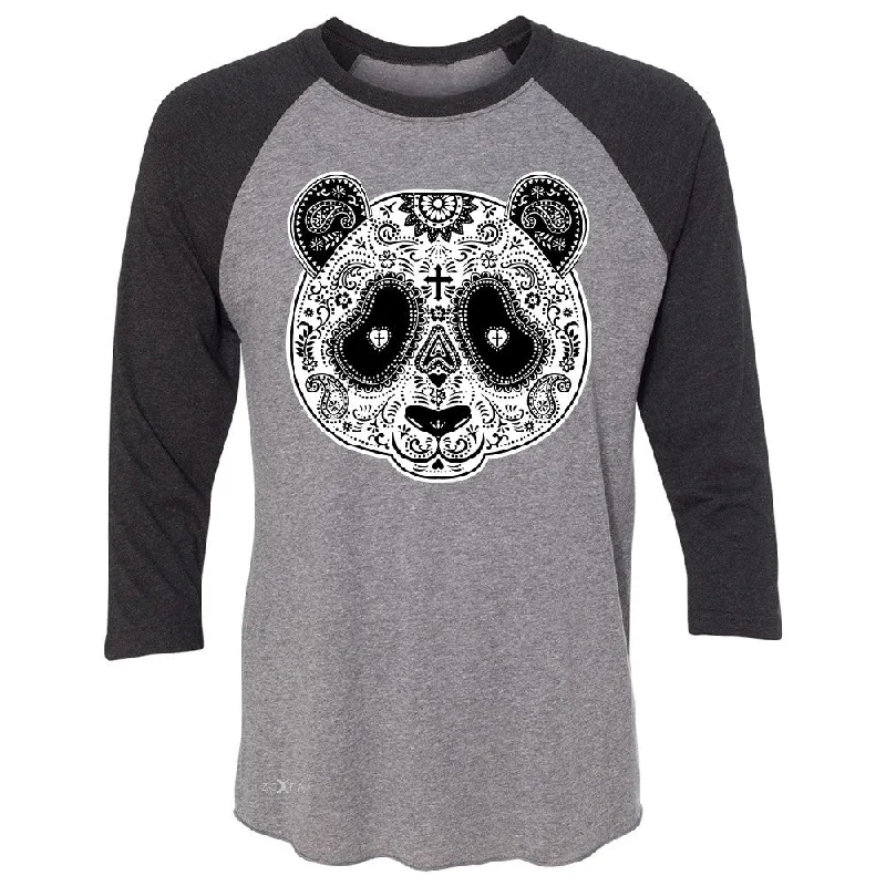 Zexpa Apparelâ„¢ Sugar Skull Panda 3/4 Sleevee Raglan Tee Day Of Dead Dia de Muertos Tee Notch Collar Peter Pan Collar Cowl Neck