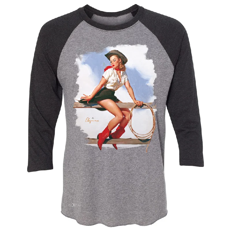 Zexpa Apparelâ„¢ Pin-Up Cowgirl Hi Ho Silver 3/4 Sleevee Raglan Tee Cool Western Pin Up Tee Spandex Blend Rayon Blend Denim Blend