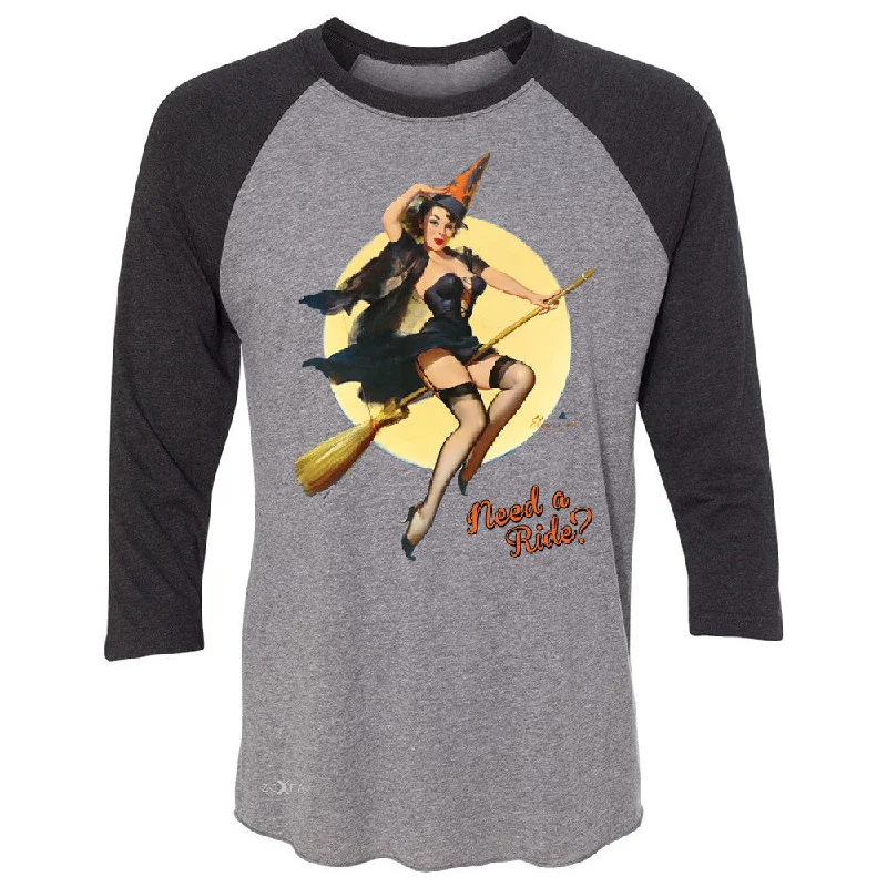 Zexpa Apparelâ„¢ Pin-Up Riding High 3/4 Sleevee Raglan Tee Halloween Witch Magic Broom Tee Lace Blend Ribbed Blend Corduroy Blend