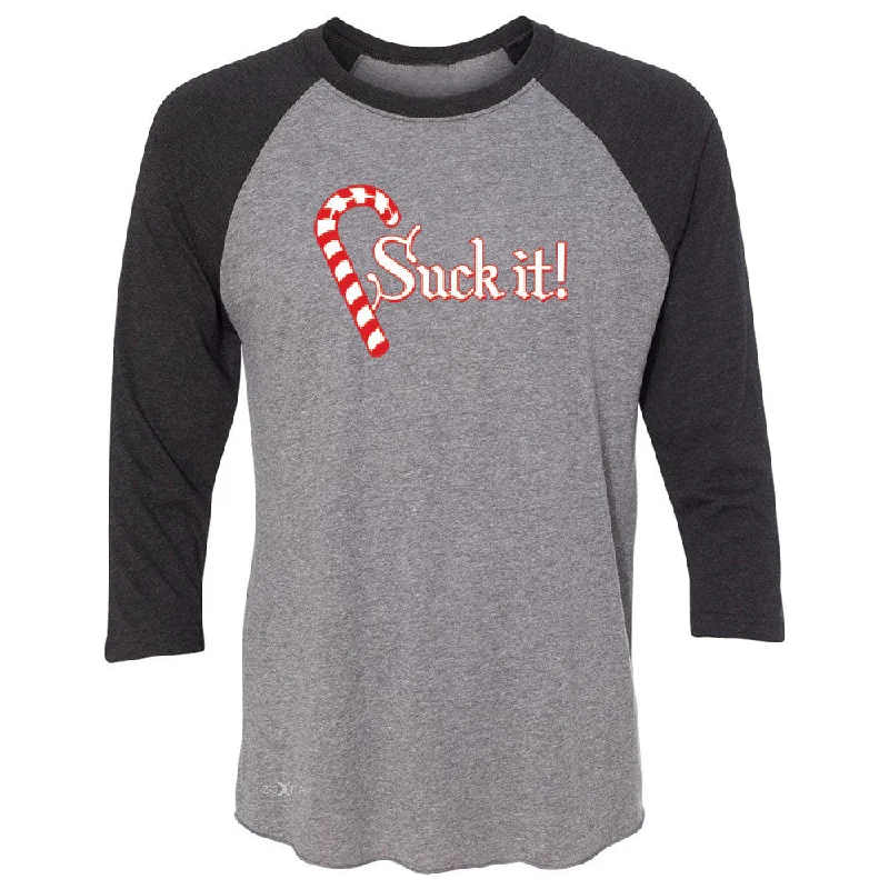 Zexpa Apparelâ„¢ Suck It! Sugar Candy Cane  3/4 Sleevee Raglan Tee Christmas Xmas Funny Tee Mesh Canvas Denim